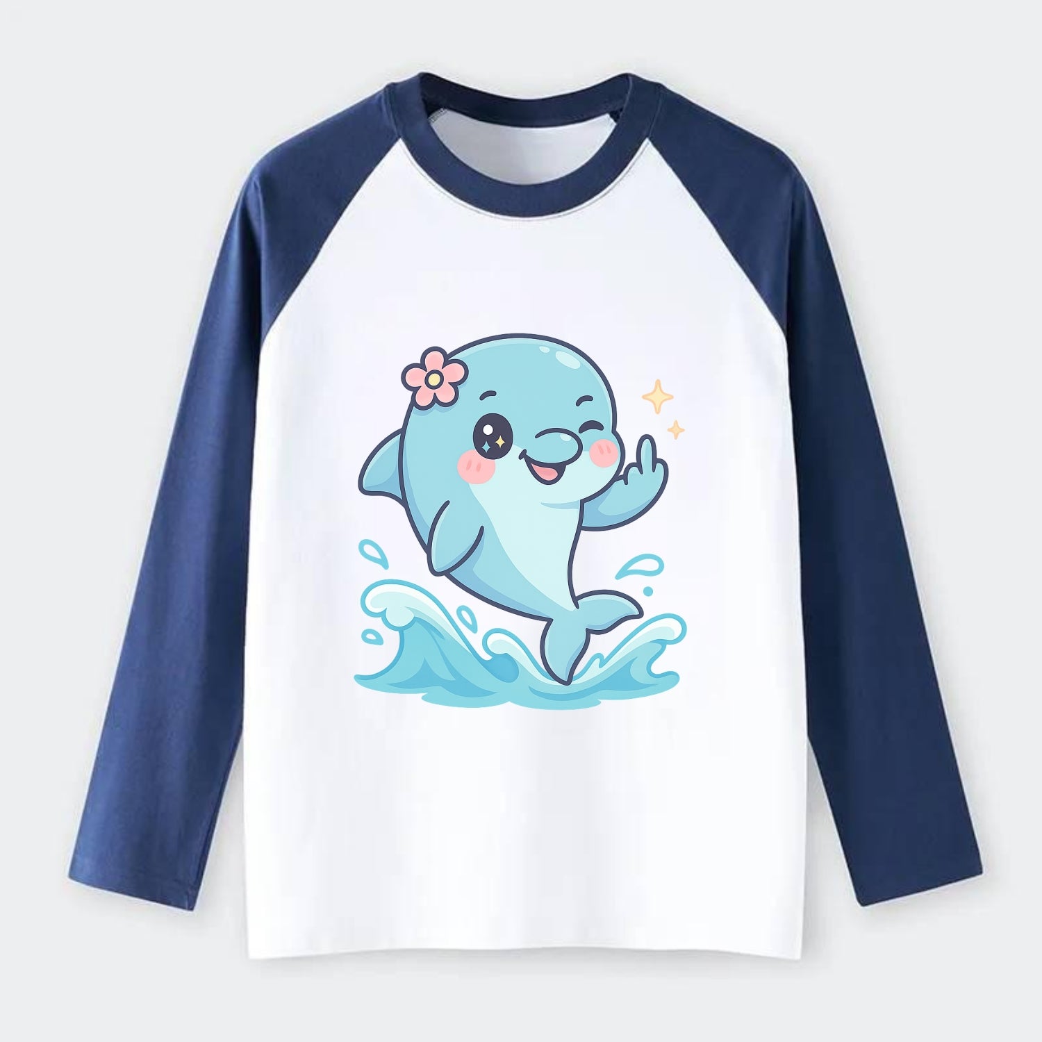 smiling dolphin jumping through ocean waves, one fin up with attitude - Raglan Long Sleeve T-Shirt - Blue