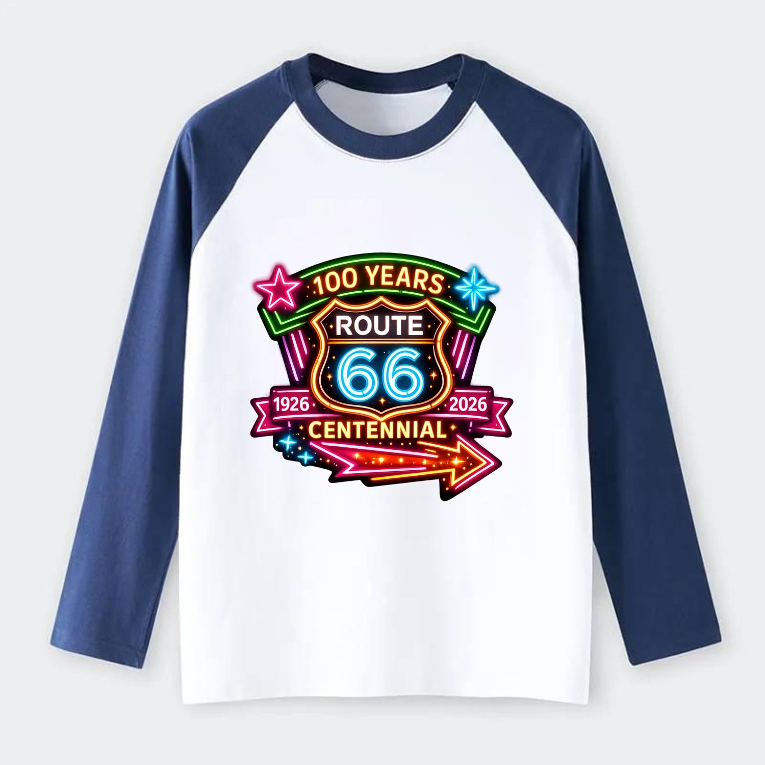 CENTENNIAL BADGE | 100 Years celebration emblem | 1926-2026 dates | - Raglan Long Sleeve T-Shirt - Blue