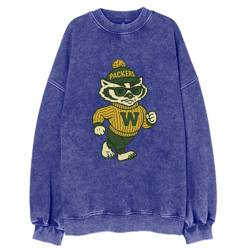 Wisconsin Badger wearing Packers green and gold beanie with pom pom and - Vintage Sweatshirt