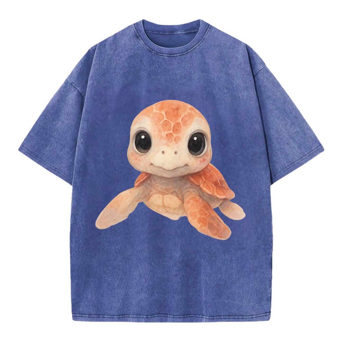 Baby Loggerhead Turtle - reddish-brown shell, big round dark eyes, chunky head, - Vintage T-shirt - Blue