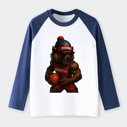 Motor City Wolverine wearing Pistons beanie with gear patch and - Raglan Long Sleeve T-Shirt - Blue