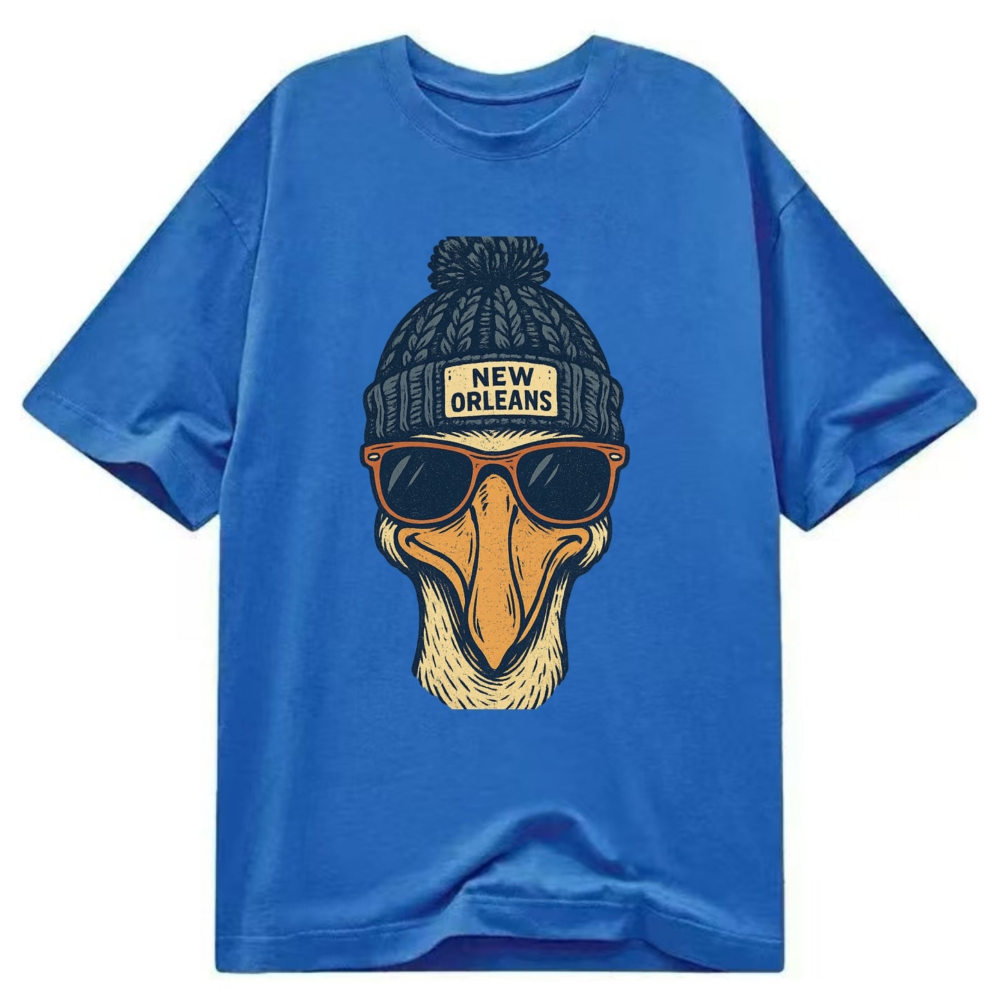 New Orleans Pelican wearing New Orleans beanie with pom pom and wayfarer - Classic T-shirt - Blue