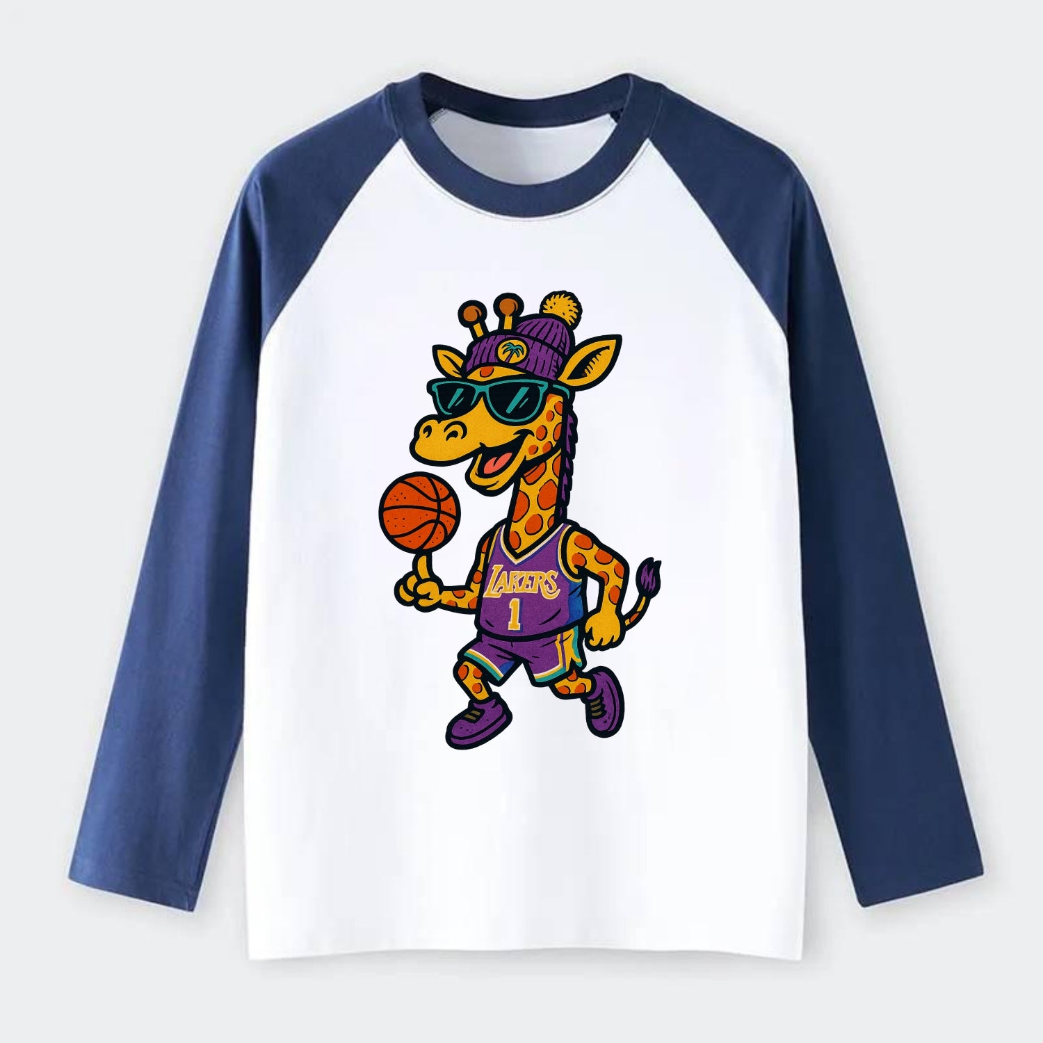 California Giraffe wearing Lakers beanie with palm tree patch and - Raglan Long Sleeve T-Shirt - Blue