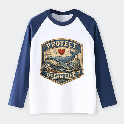 PROTECT OCEAN LIFE - whale with heart in blue , marine conservation - Raglan Long Sleeve T-Shirt - Blue