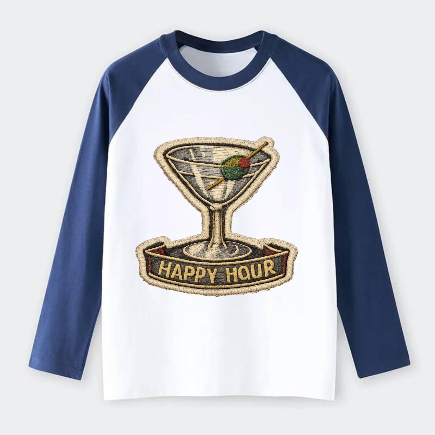 COCKTAIL MARTINI - martini glass with olive in silver and green , - Raglan Long Sleeve T-Shirt - Blue