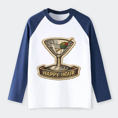 COCKTAIL MARTINI - martini glass with olive in silver and green , - Raglan Long Sleeve T-Shirt - Blue