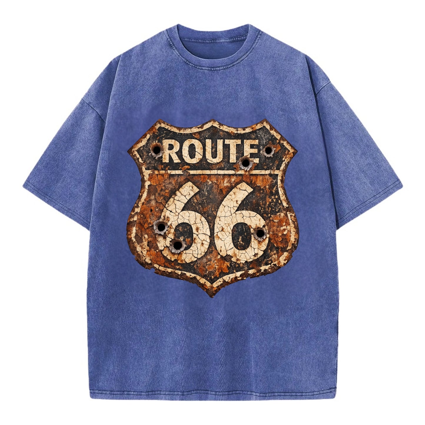 WEATHERED MARKER | Rust-aged Route 66 sign | Desert sun-bleached | Bullet holes - Vintage T-shirt - Blue