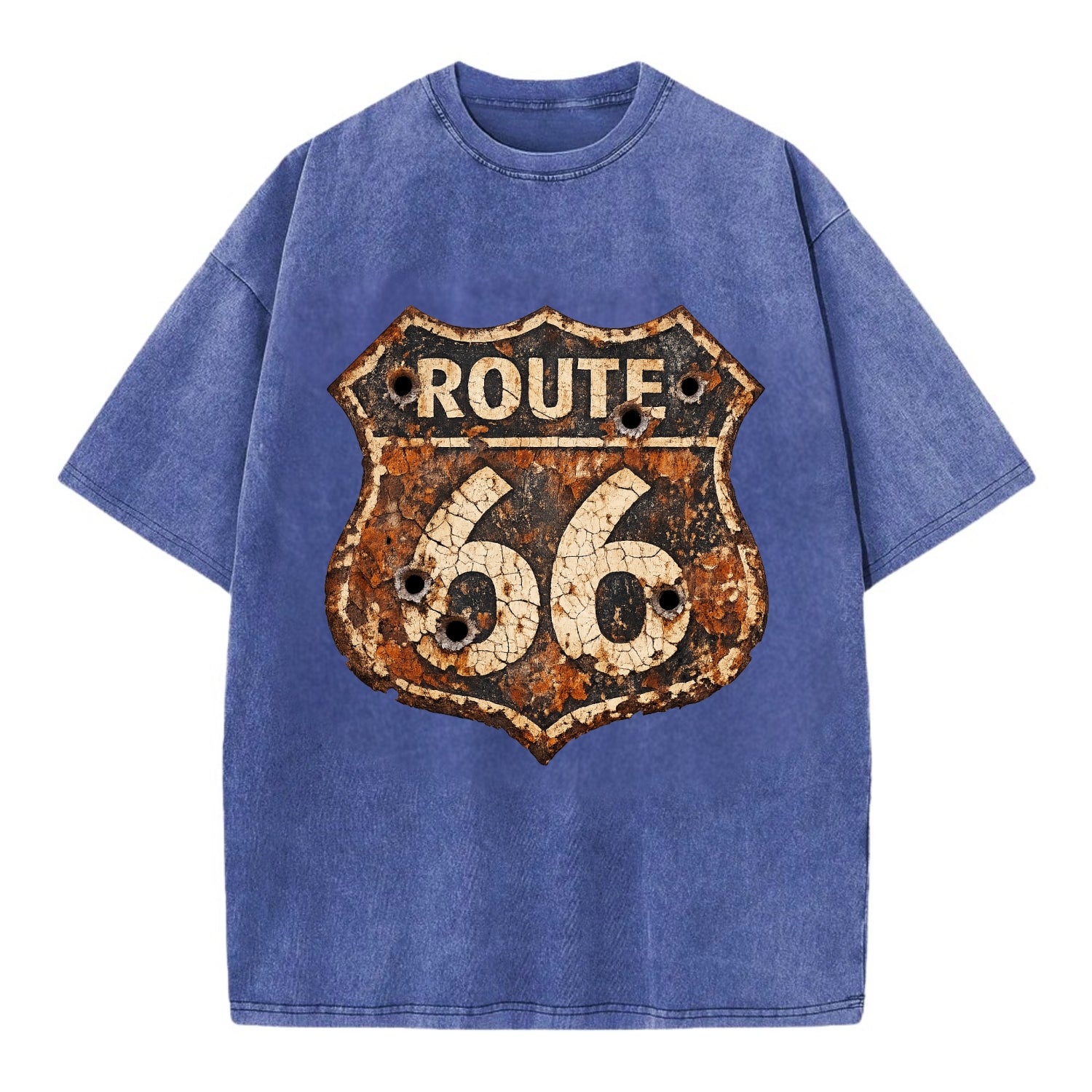 WEATHERED MARKER | Rust-aged Route 66 sign | Desert sun-bleached | Bullet holes - Vintage T-shirt - Blue