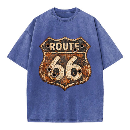 WEATHERED MARKER | Rust-aged Route 66 sign | Desert sun-bleached | Bullet holes - Vintage T-shirt - Blue