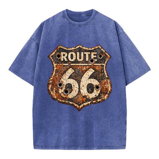 WEATHERED MARKER | Rust-aged Route 66 sign | Desert sun-bleached | Bullet holes - Vintage T-shirt - Blue