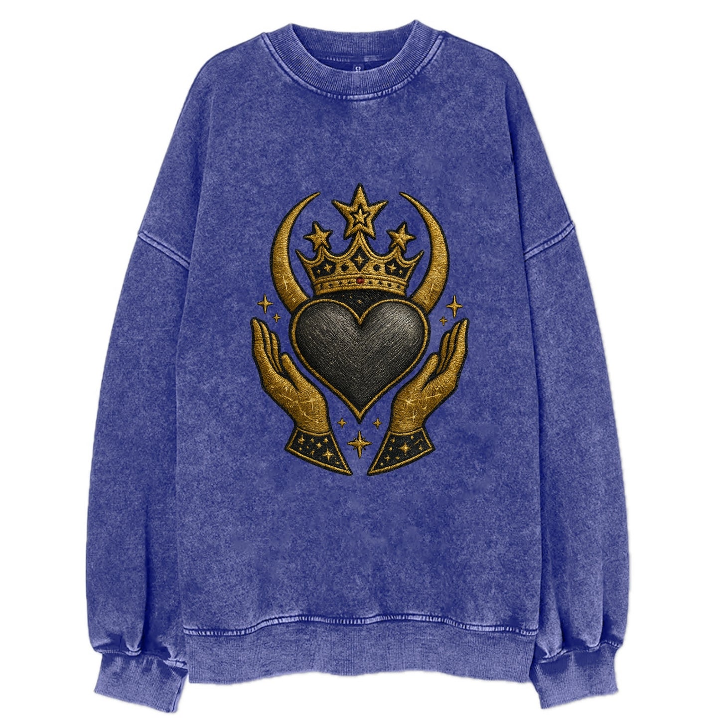 Celtic knot crown with woven strands merging into copper hands shielding a - Vintage Sweatshirt - Blue