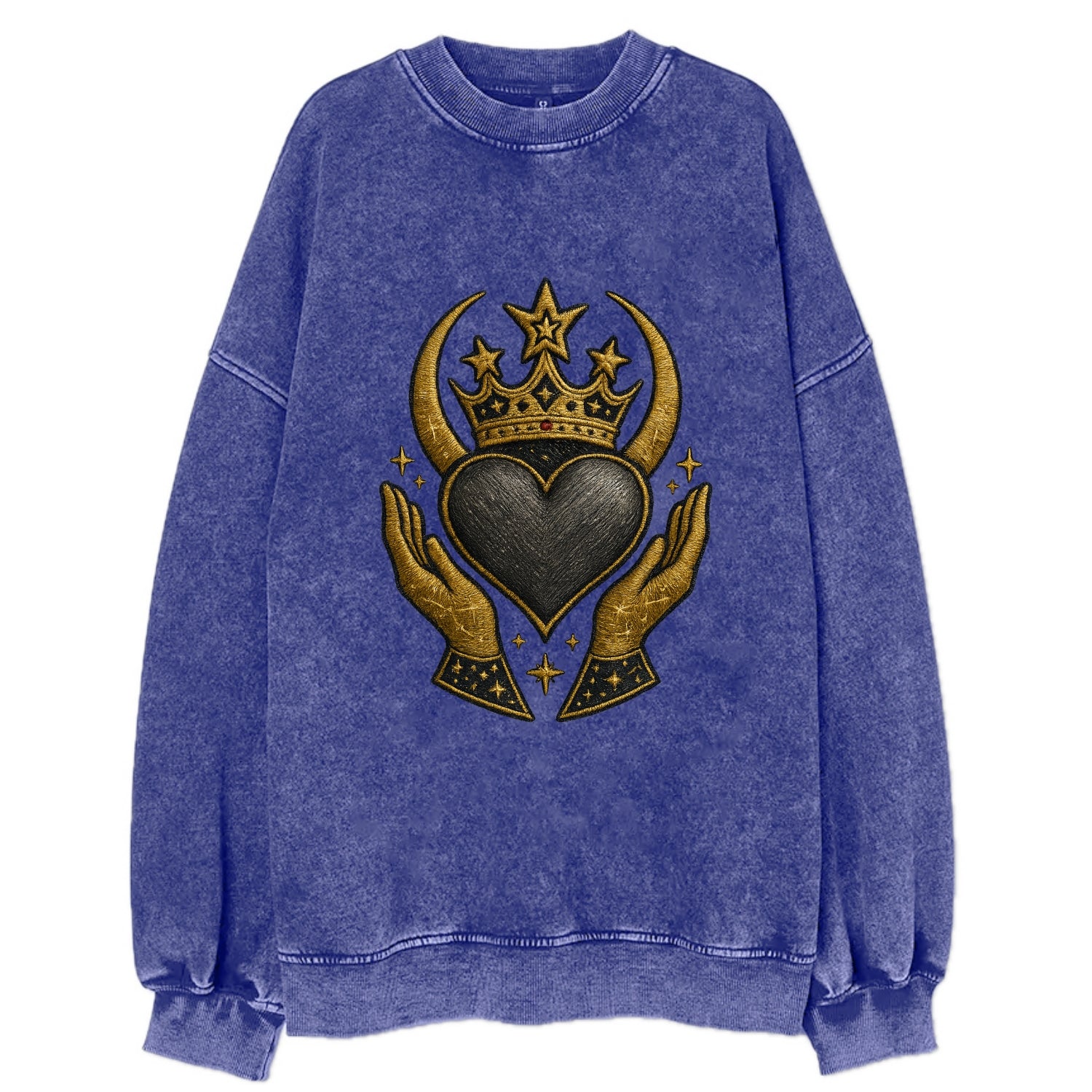 Celtic knot crown with woven strands merging into copper hands shielding a - Vintage Sweatshirt - Blue