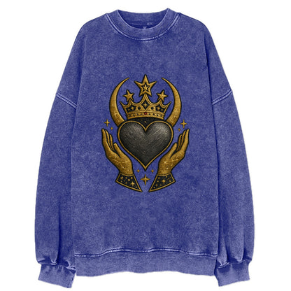 Celtic knot crown with woven strands merging into copper hands shielding a - Vintage Sweatshirt - Blue