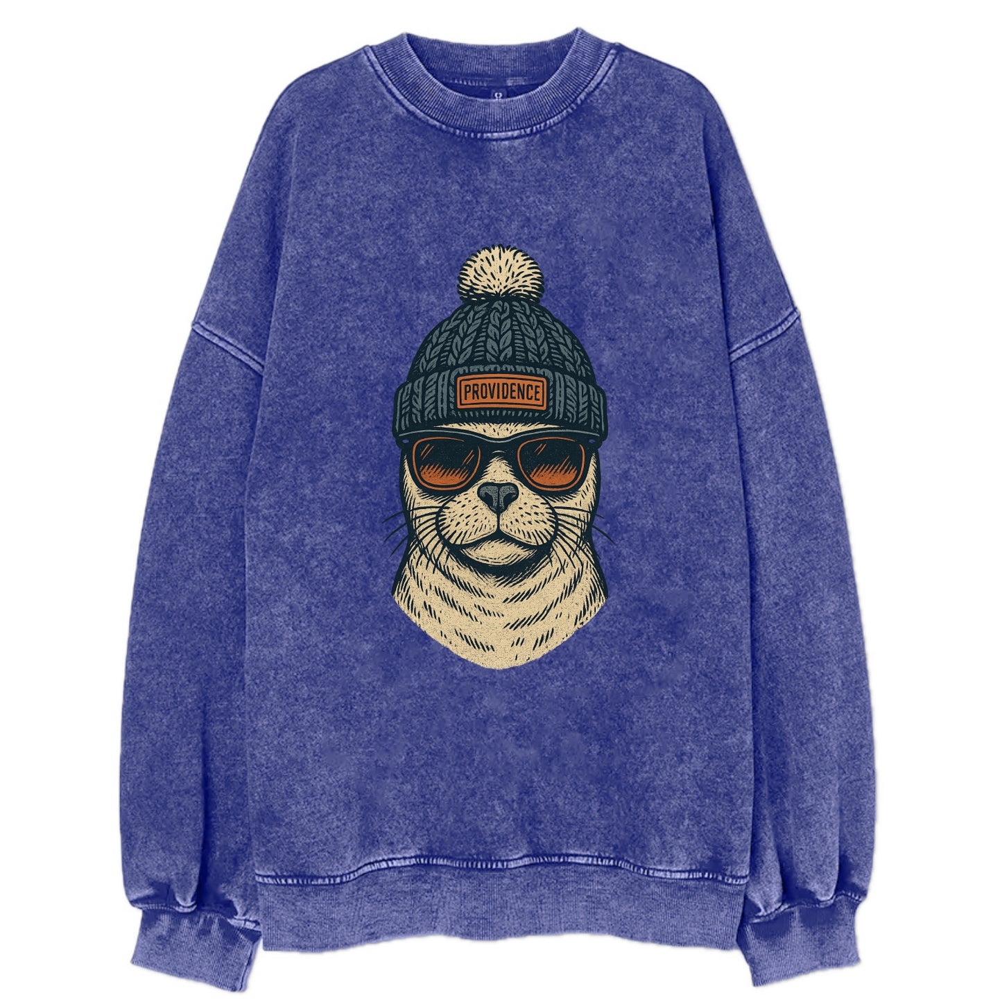 Rhode Island Harbor Seal wearing Providence beanie with pom pom and wayfarer - Vintage Sweatshirt - Blue