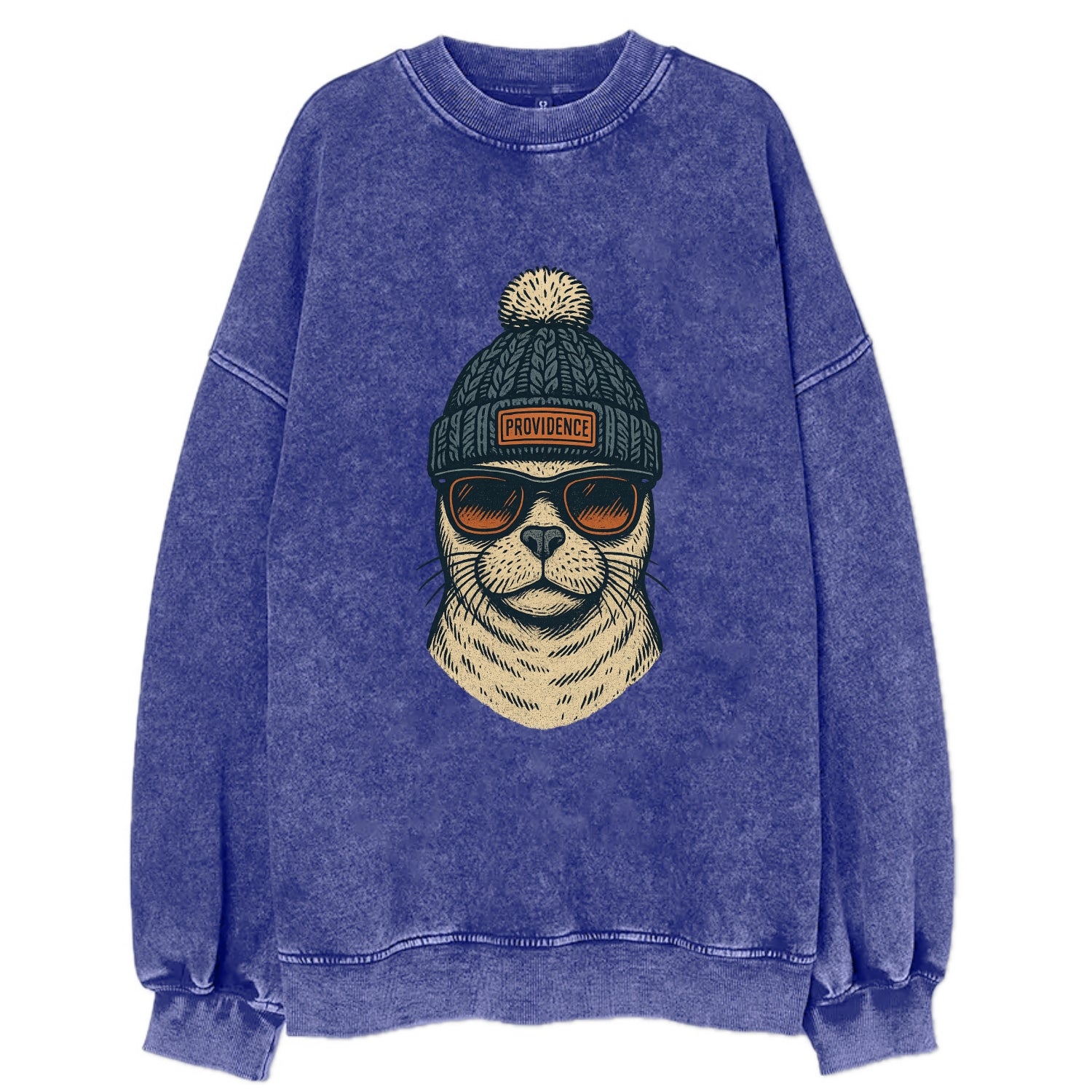 Rhode Island Harbor Seal wearing Providence beanie with pom pom and wayfarer - Vintage Sweatshirt - Blue