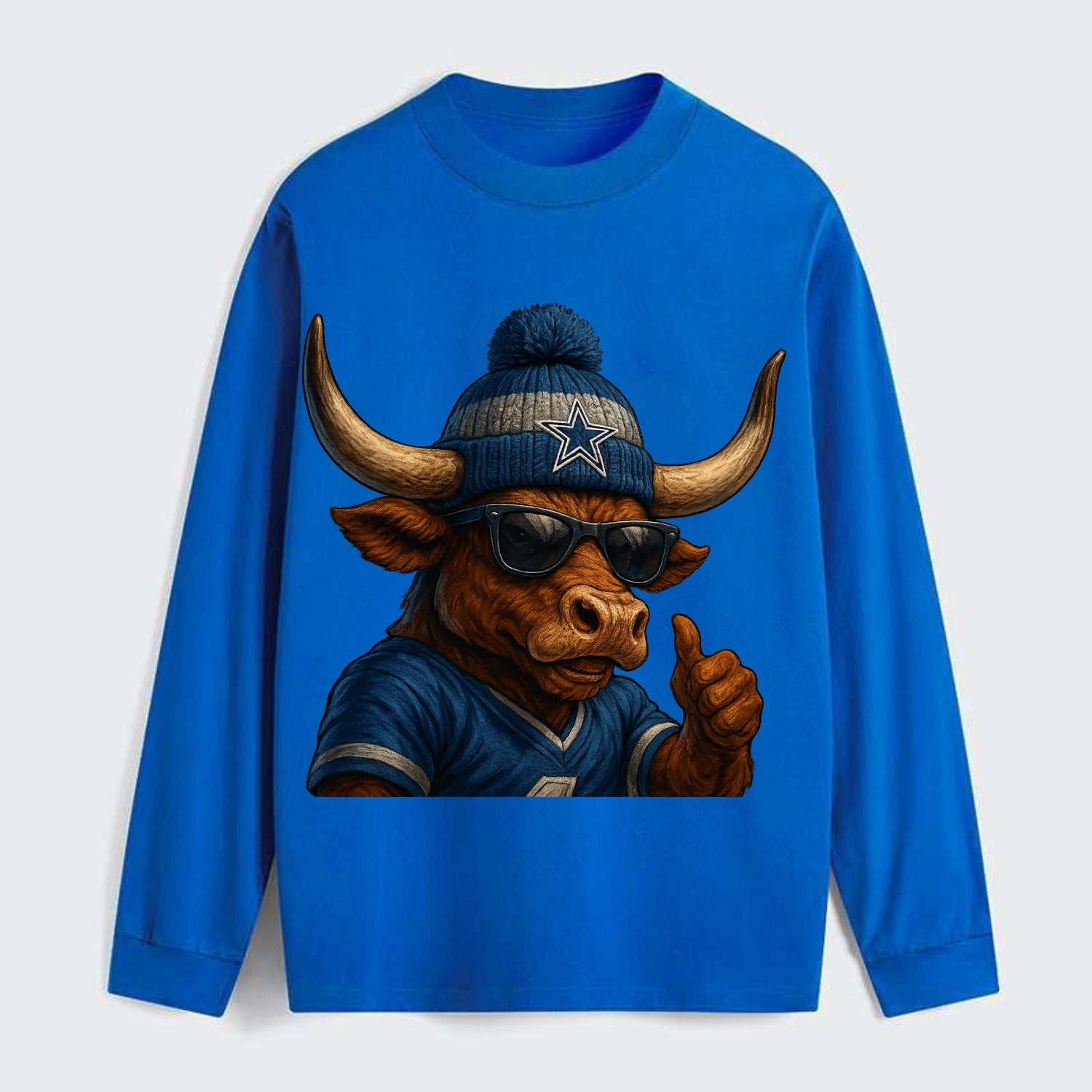 Texas Longhorn wearing Cowboys silver and blue beanie with star and - Classic Long Sleeve Shirt - Blue