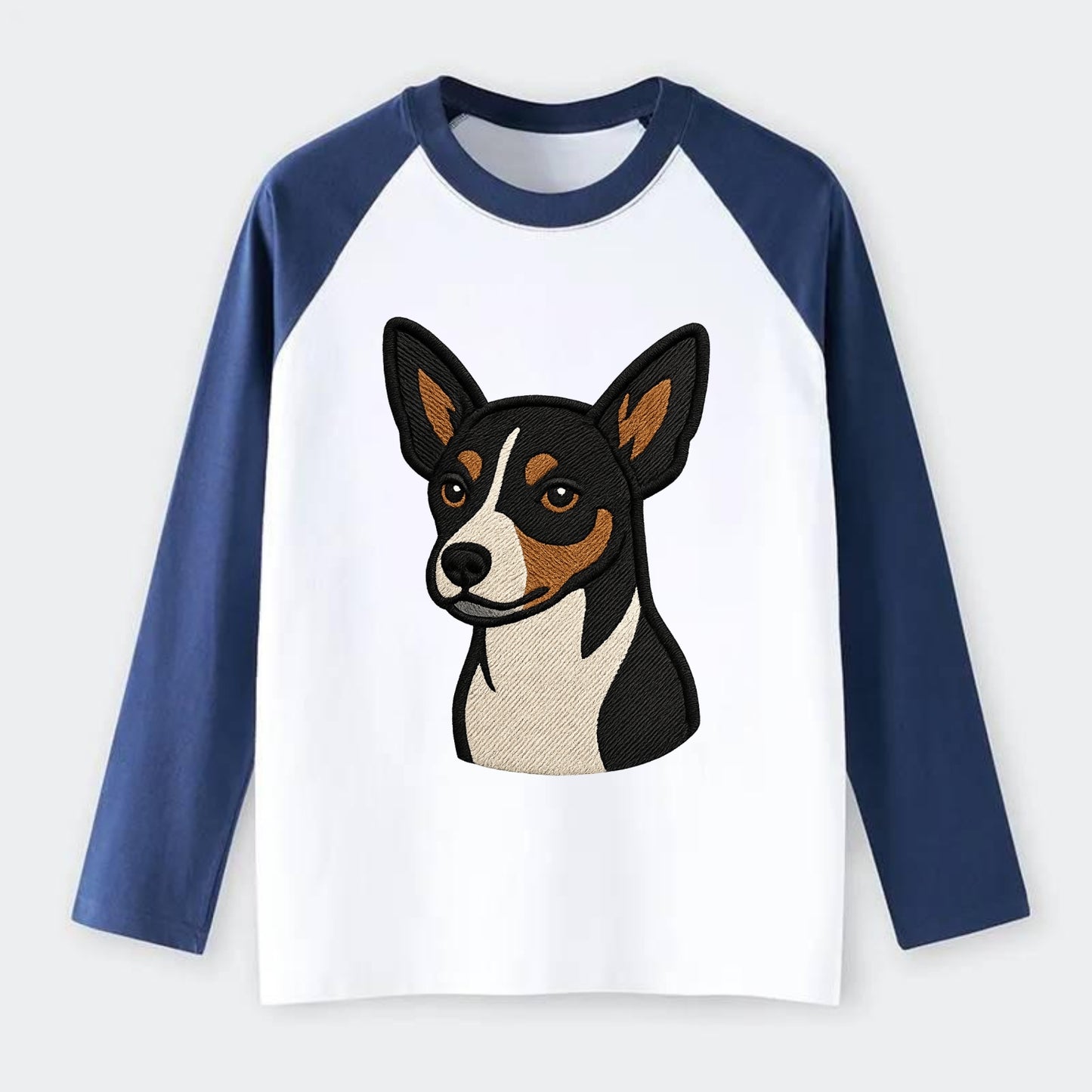 Rat Terrier - Tri-color embroidered pose - Raglan Long Sleeve T-Shirt - Blue