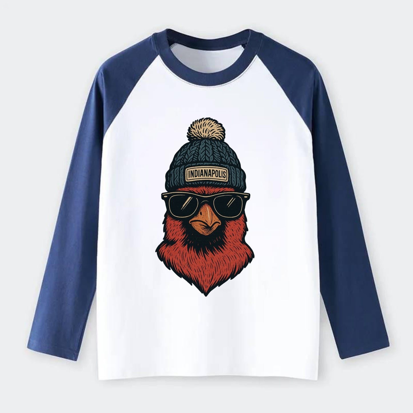 Indiana Cardinal wearing Indianapolis beanie with pom pom and wayfarer - Raglan Long Sleeve T-Shirt - Blue