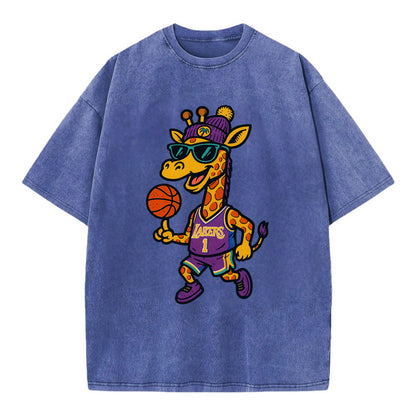 California Giraffe wearing Lakers beanie with palm tree patch and wayfarer - Vintage T-shirt - Blue
