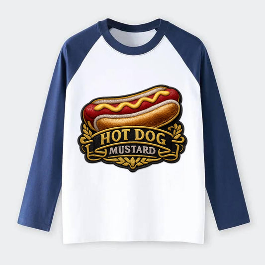 HOT DOG MUSTARD - classic hot dog in tan yellow red , ballpark food - Raglan Long Sleeve T-Shirt - Blue