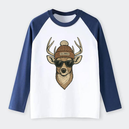 Ohio White-tailed Deer wearing Columbus beanie with pom pom and - Raglan Long Sleeve T-Shirt - Blue