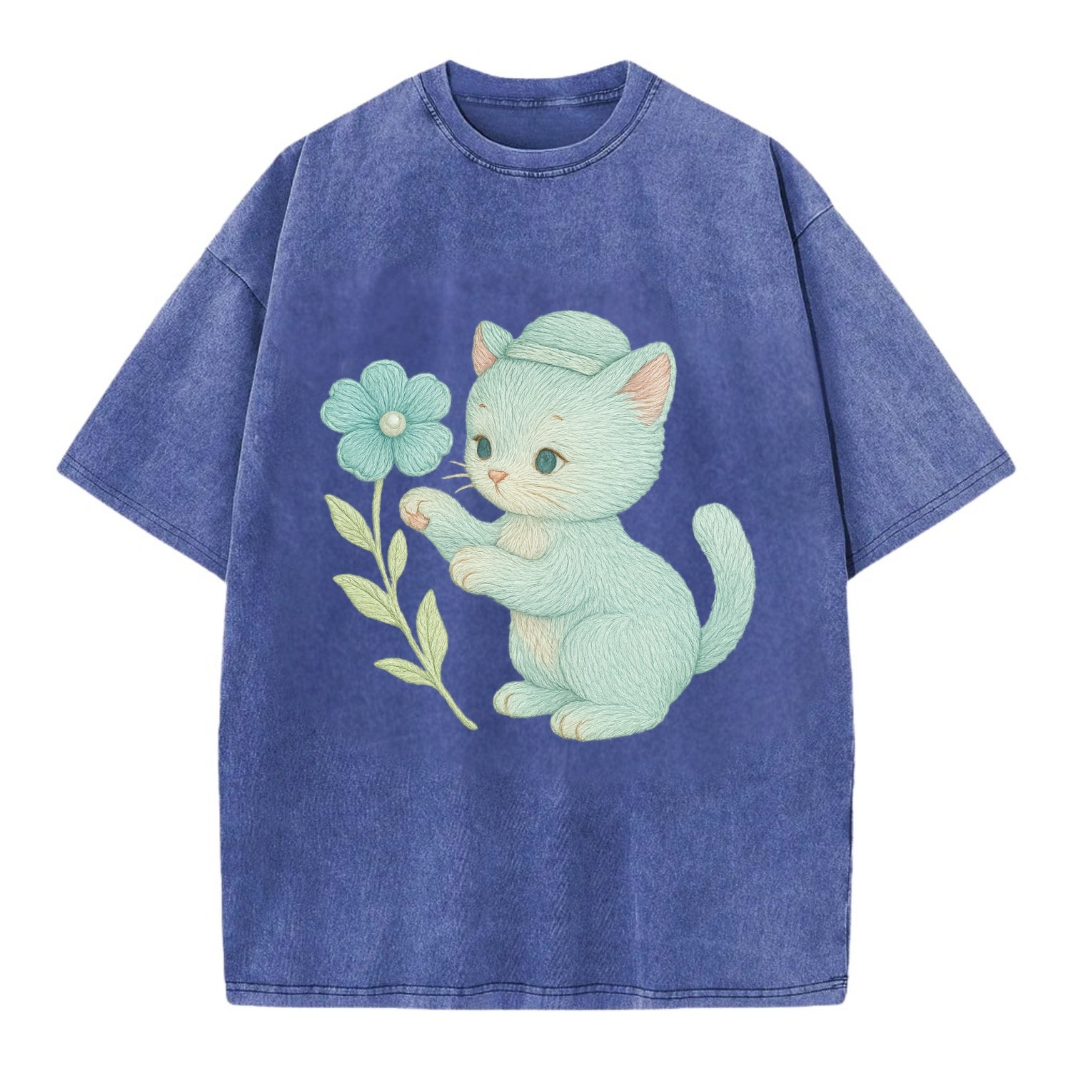 Aqua Kitten - Vintage T-shirt - Blue