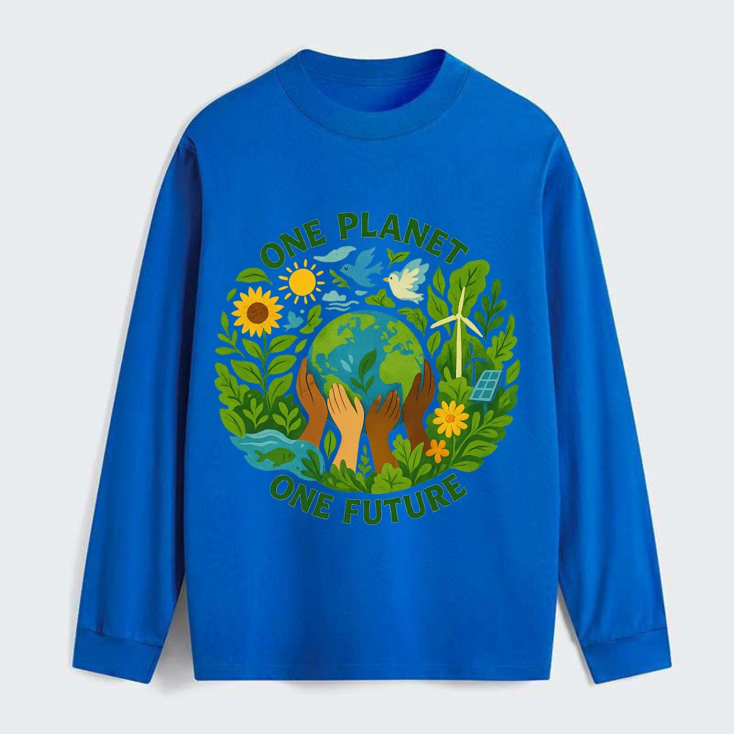 Globe surrounded by hands of all colors working together - "One Planet, - Classic Long Sleeve Shirt - Blue