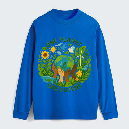 Globe surrounded by hands of all colors working together - "One Planet, - Classic Long Sleeve Shirt - Blue