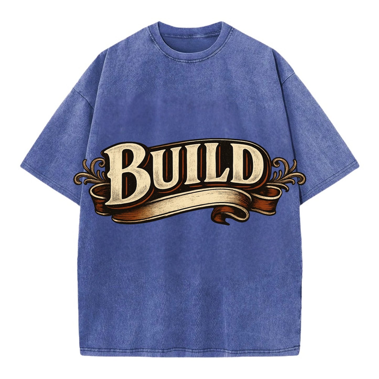 Bold typography design - "BUILD" - constructing, making real - Vintage T-shirt - Blue