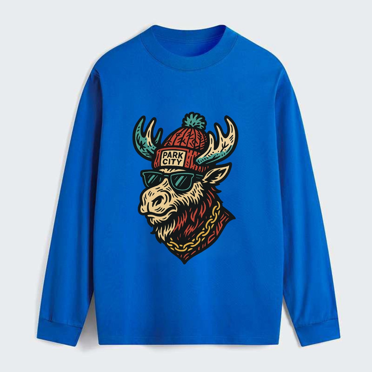 Park City Moose wearing Park City beanie with pom pom and wayfarer - Classic Long Sleeve Shirt - Blue