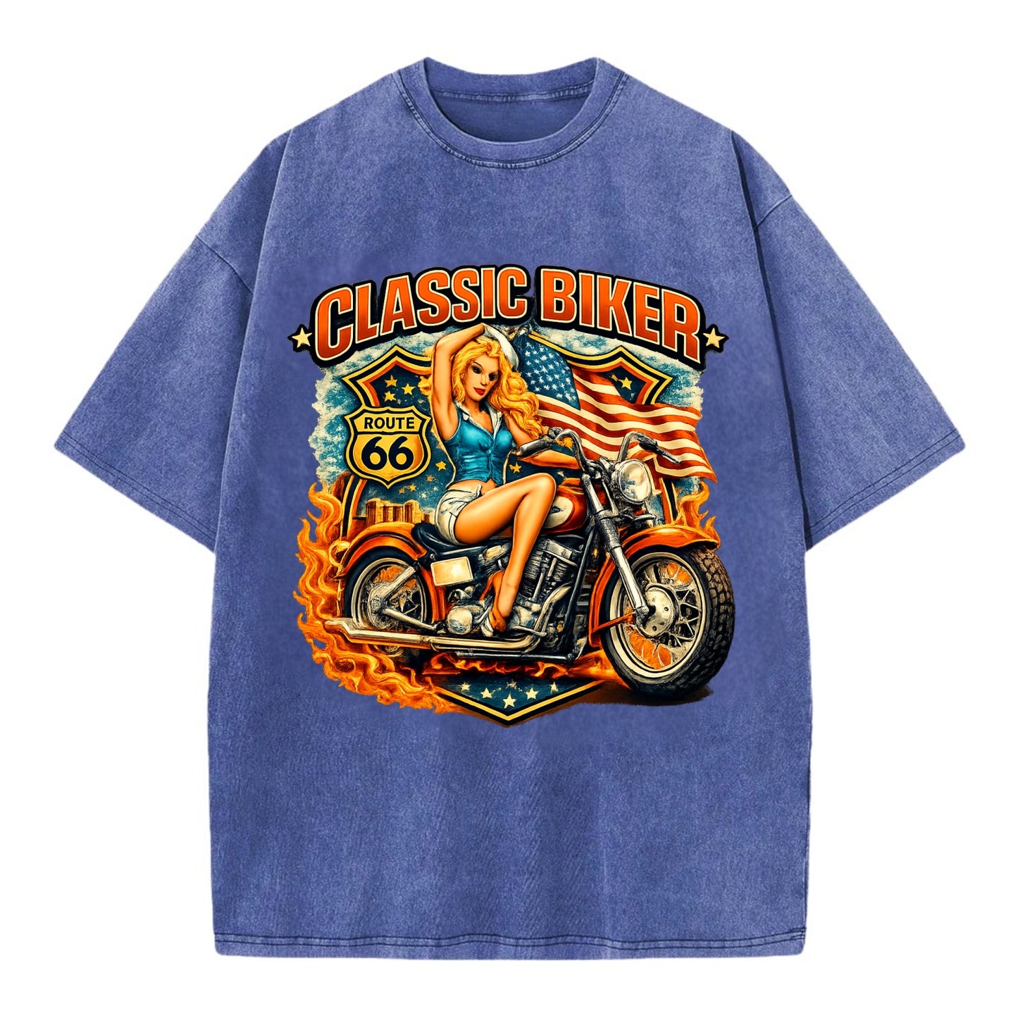 Classic Pinup Biker - Vintage T-shirt - Blue