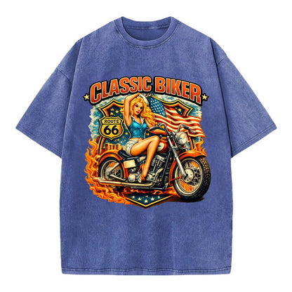 Classic Pinup Biker - Vintage T-shirt - Blue