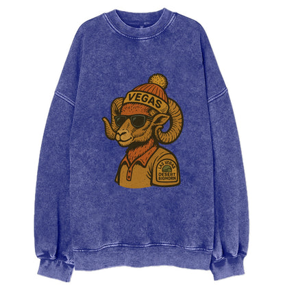 Las Vegas Desert Bighorn wearing Vegas beanie with pom pom and wayfarer - Vintage Sweatshirt - Blue