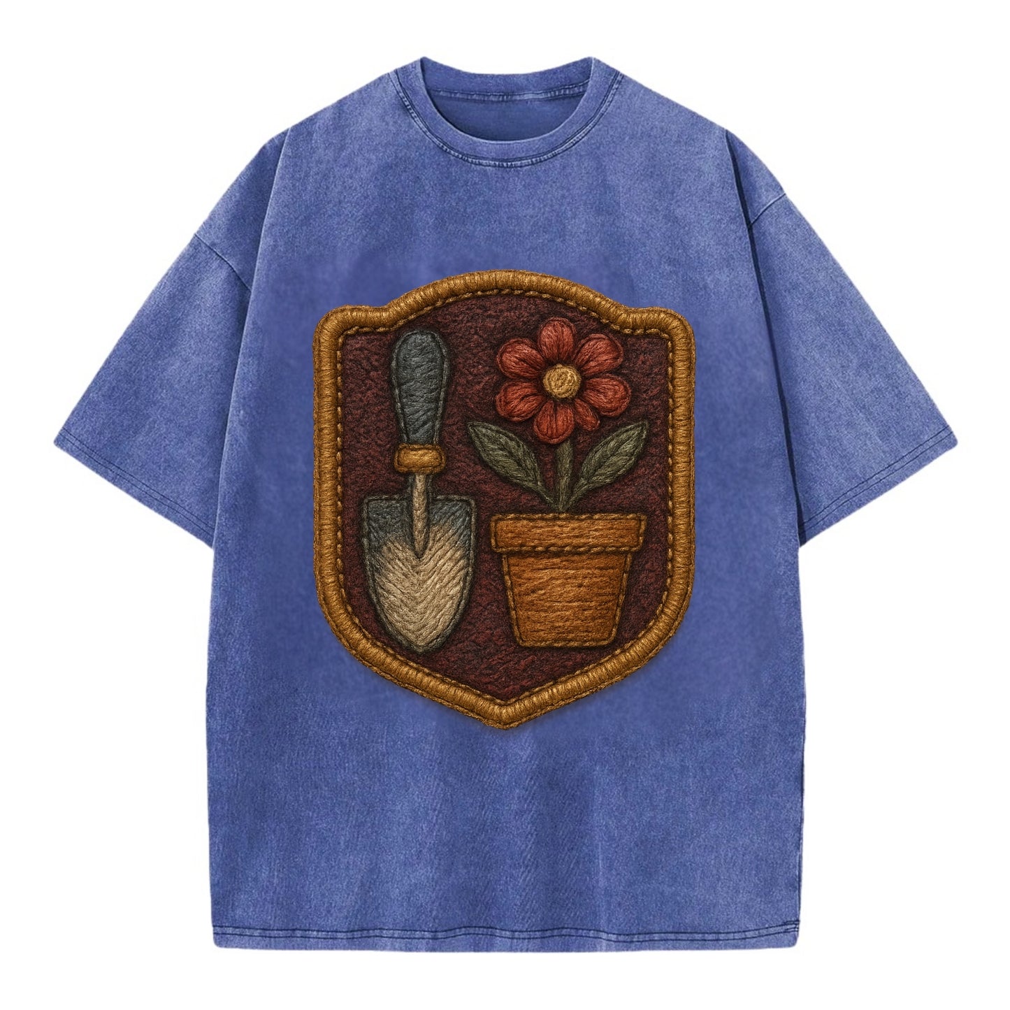 Garden trowel with flower pot - gardener badge - Vintage T-shirt - Blue