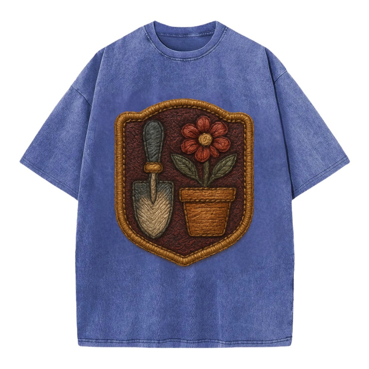 Garden trowel with flower pot - gardener badge - Vintage T-shirt - Blue