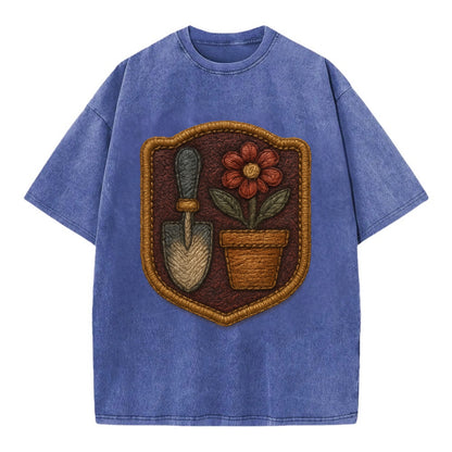 Garden trowel with flower pot - gardener badge - Vintage T-shirt - Blue