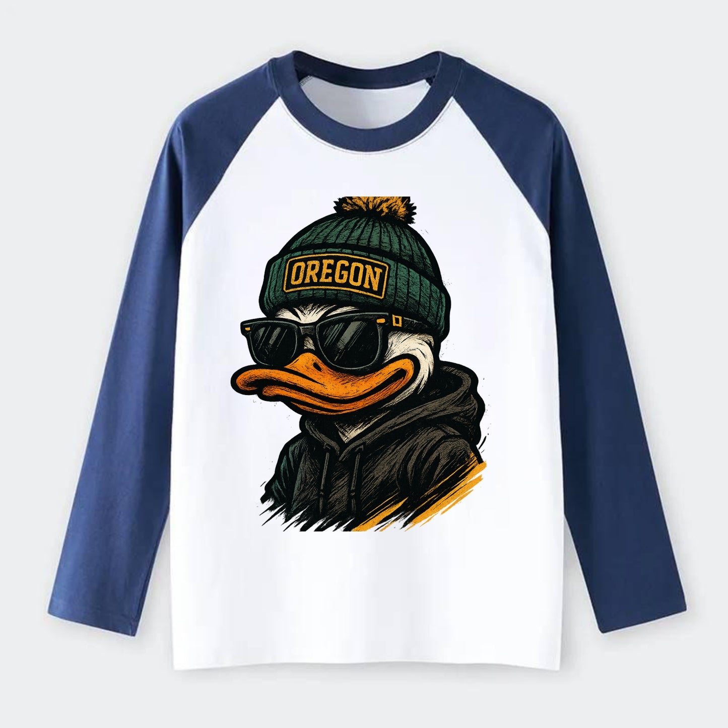 Eugene Duck wearing Oregon beanie with O patch - Raglan Long Sleeve T-Shirt - Blue