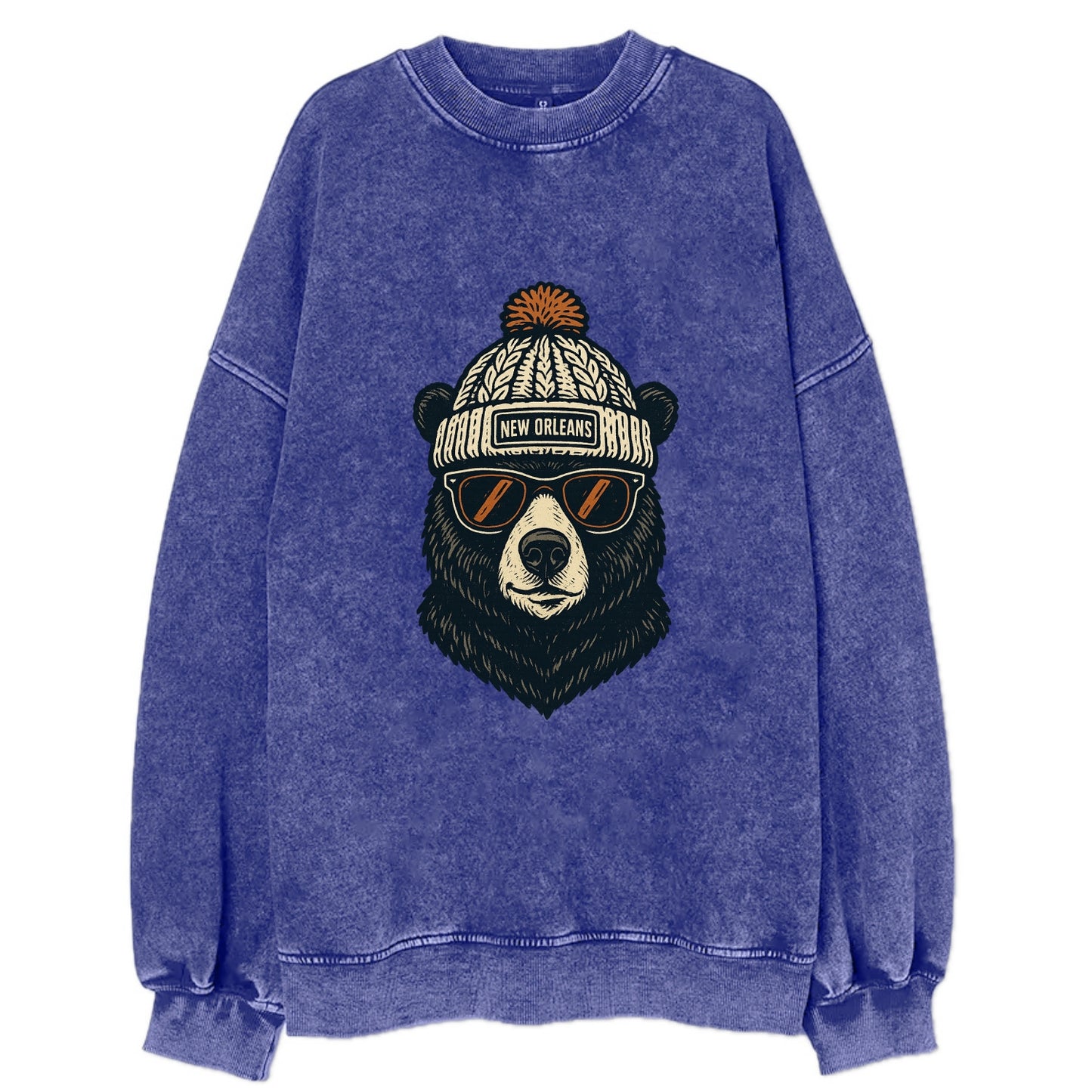 Louisiana Black Bear wearing New Orleans beanie with pom pom and wayfarer - Vintage Sweatshirt - Blue