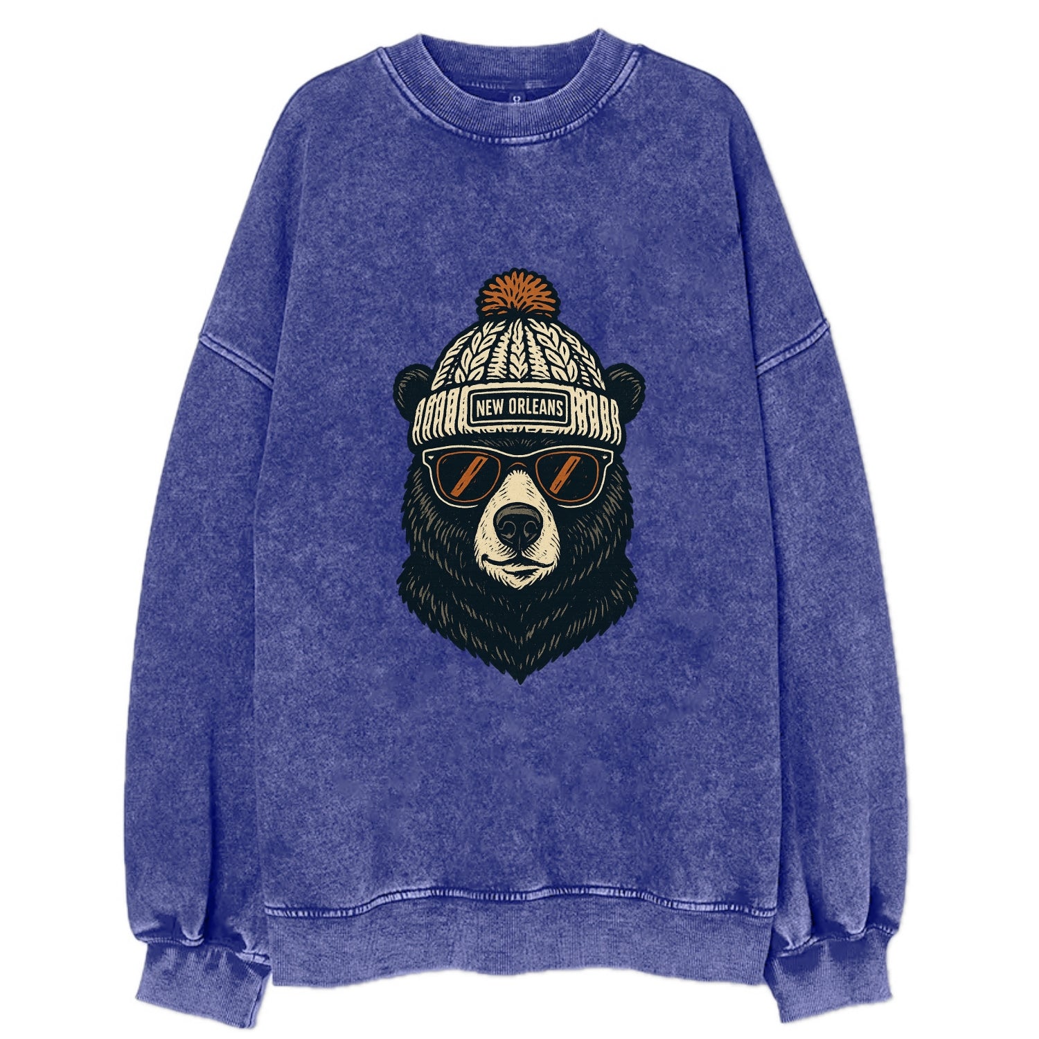 Louisiana Black Bear wearing New Orleans beanie with pom pom and wayfarer - Vintage Sweatshirt - Blue