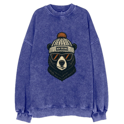 Louisiana Black Bear wearing New Orleans beanie with pom pom and wayfarer - Vintage Sweatshirt - Blue