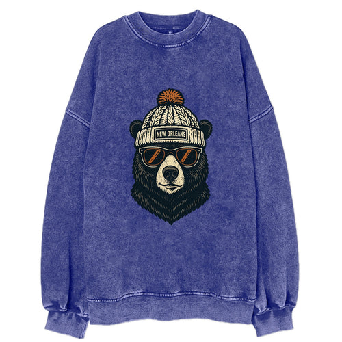 Louisiana Black Bear wearing New Orleans beanie with pom pom and wayfarer - Vintage Sweatshirt