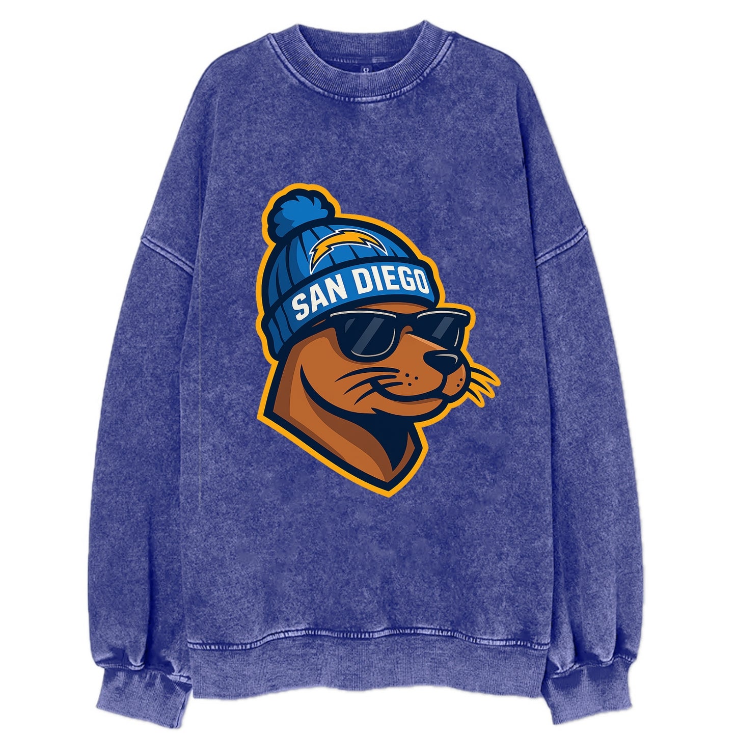 San Diego Sea Lion wearing Chargers beanie with bolt patch and wayfarer - Vintage Sweatshirt - Blue