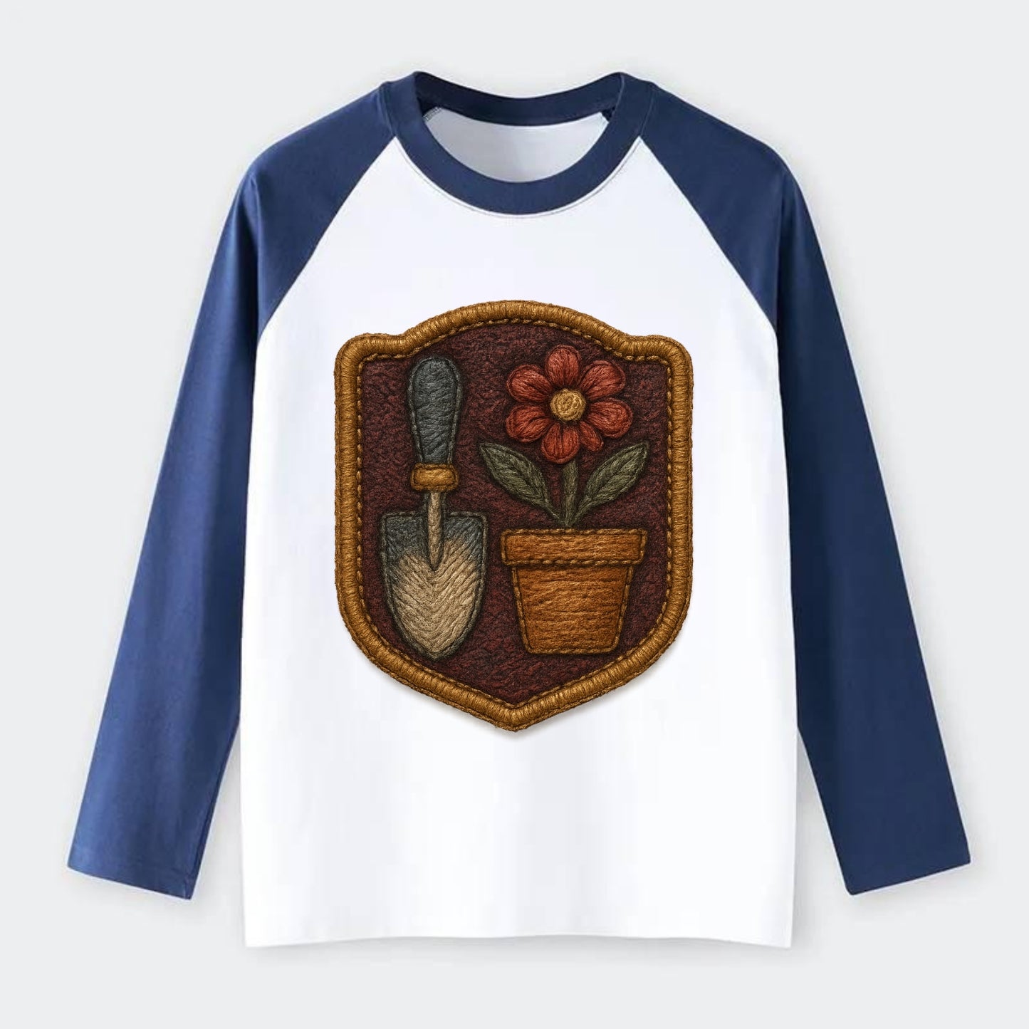 Garden trowel with flower pot - gardener badge - Raglan Long Sleeve T-Shirt - Blue