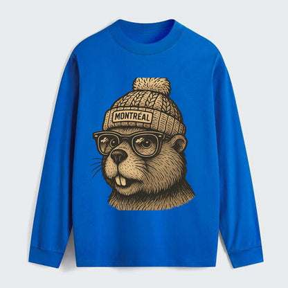 Montreal Beaver wearing Montreal beanie with pom pom and wayfarer - Classic Long Sleeve Shirt - Blue