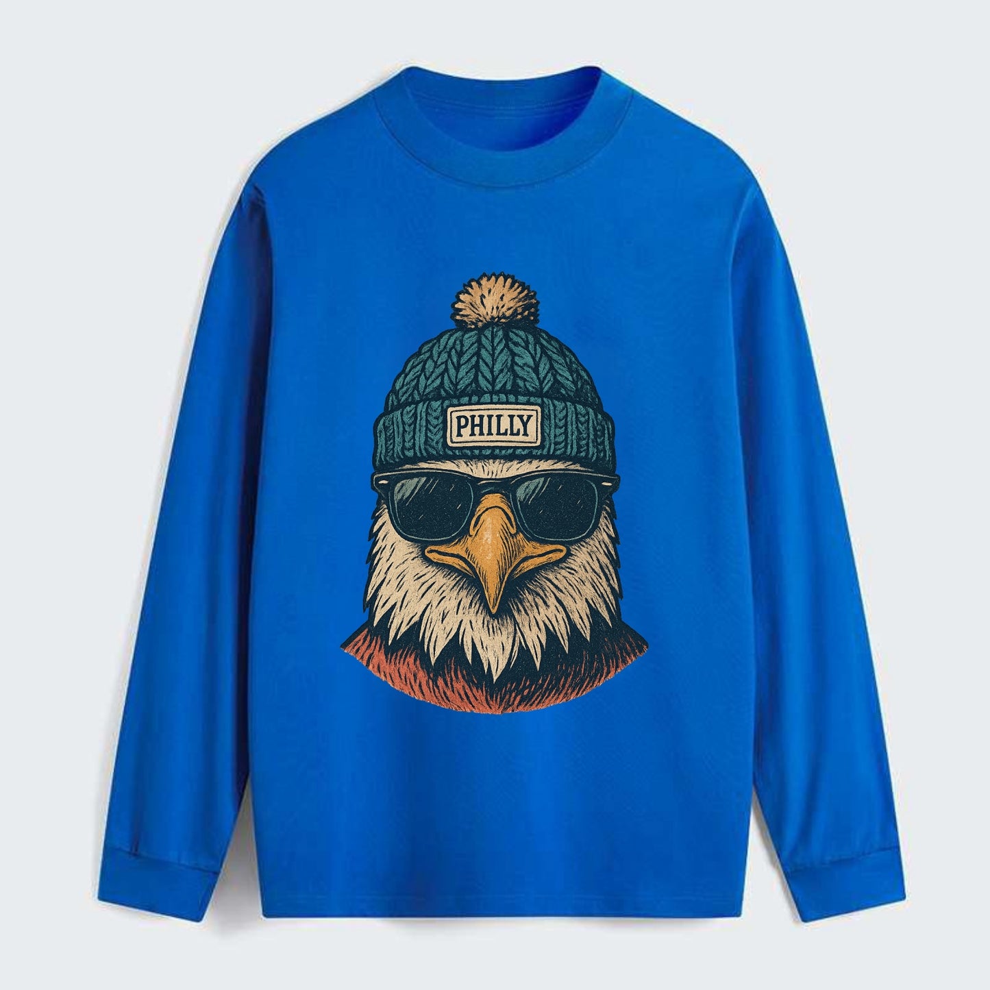 Philadelphia Eagle wearing Philly beanie with pom pom and wayfarer - Classic Long Sleeve Shirt - Blue