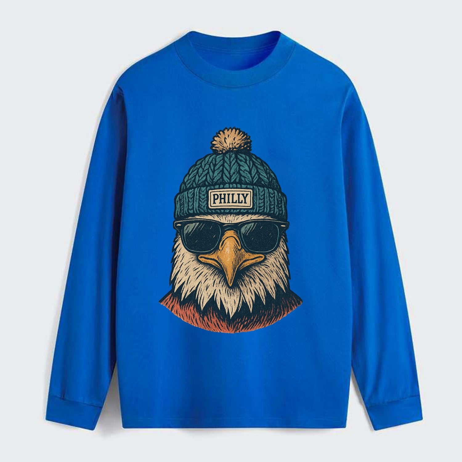 Philadelphia Eagle wearing Philly beanie with pom pom and wayfarer - Classic Long Sleeve Shirt - Blue