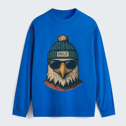Philadelphia Eagle wearing Philly beanie with pom pom and wayfarer - Classic Long Sleeve Shirt - Blue