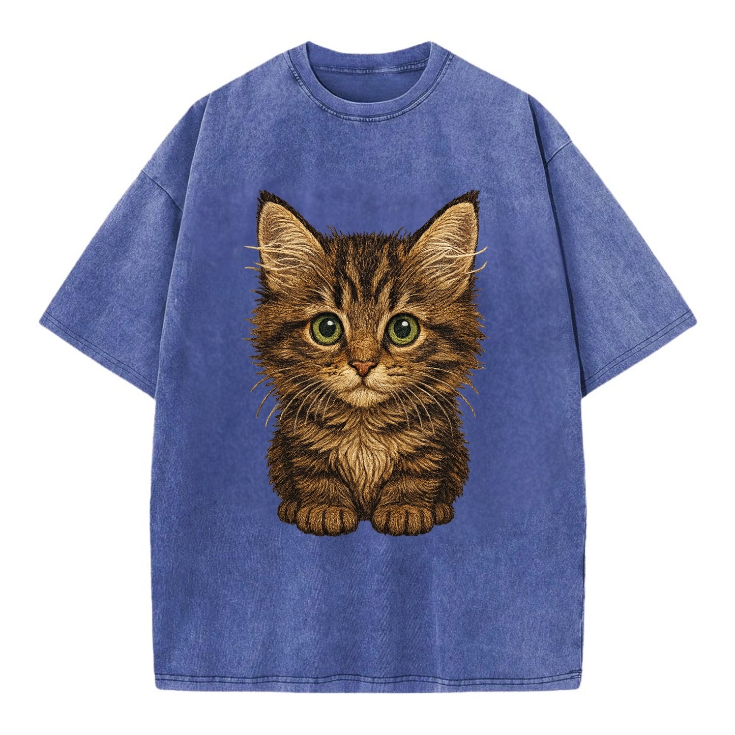 Baby Maine Coon Kitten - large fluffy tabby, tufted ears, big green eyes, - Vintage T-shirt - Blue