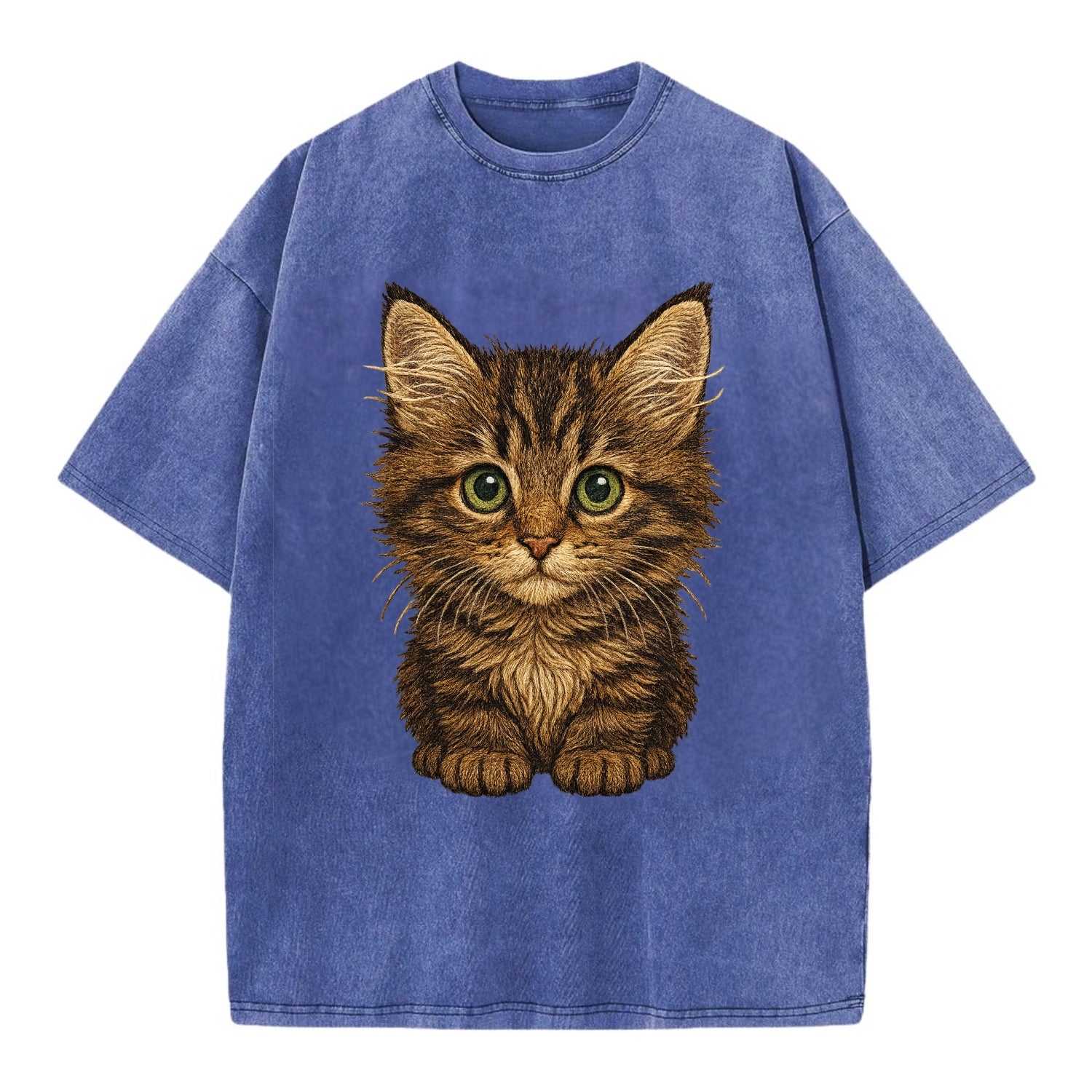 Baby Maine Coon Kitten - large fluffy tabby, tufted ears, big green eyes, - Vintage T-shirt - Blue
