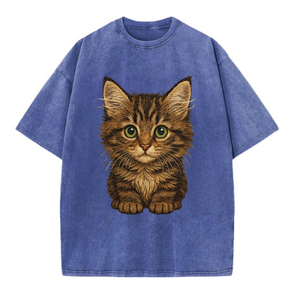 Baby Maine Coon Kitten - large fluffy tabby, tufted ears, big green eyes, - Vintage T-shirt - Blue